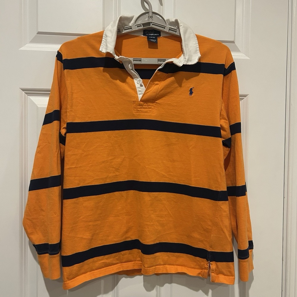 Vintage Polo Ralph Lauren Youth Rugby Shirt Size Large (14-16) Orange Blue EUC